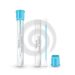 Test tube with cotton swab for nasopharyngeal specimens. Realistic tube for testing in laboratory on coronavirus SARS