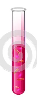 Test tube with liquid and pink bacteria cell. Vector