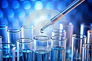 Test tube with pipet over blue background photo