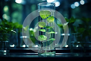 Test tube with a plant in the laboratory. Bioengineering and GMOs. generative AI