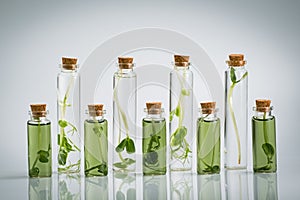 Test tube with plant in laboratory. Chlorophyll extract, Micro greens or sprouts of raw live sprouting vegetables sprout from orga photo