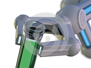 Test tube in robot arm. robot manipulates chemical tubes. 3D