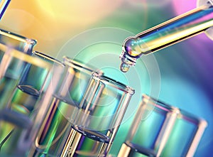 Test tube row. Concept of medical or science laboratory, liquid drop droplet with dropper in colorful tone background