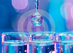 Test tube row. Concept of medical or science laboratory, liquid drop droplet with dropper in colorful tone background