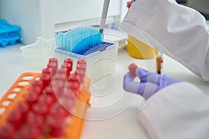 Test tubes with biomaterial in laboratory are collected in blocks