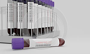 Test tubes with blood and coronavirus test label  isolated on white background. Concept for testing corona virus. 3D Rendering