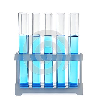 Test tubes with blue liquid. Laboratory glassware