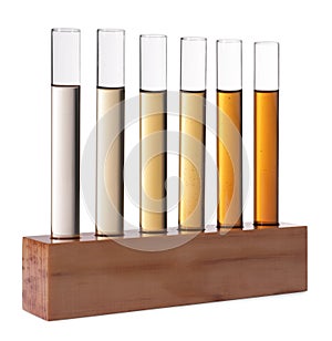 Test tubes with brown liquid in stand on white background