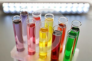 Test tubes with colorful liquids in holder, closeup