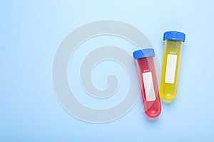 Test tubes with colorful liquids on light blue background, flat lay and space for text. Kids chemical experiment set