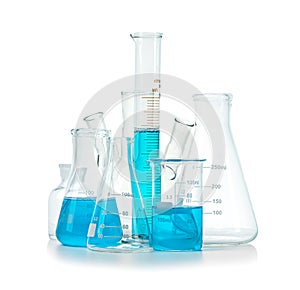 Test-tubes, flasks with blue liquid isolated