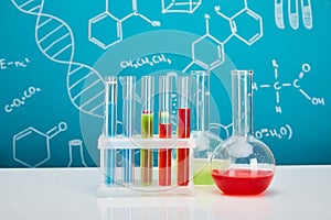 Test tubes and flasks with colorful