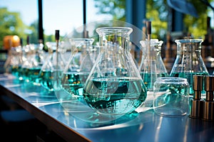 Test tubes with laboratory chemical tests stand on the table