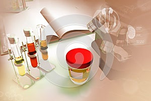 Test-tubes in modern chemistry research clinic - urine quality test for coronavirus or urinary tract infection, medical 3D