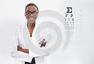 Test, vision and portrait of woman in consultation for optometry, eye exam and doctor in healthcare. Glasses, expert and