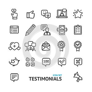 Testimonial, Feedback and Review Signs Black Thin Line Icon Set. Vector