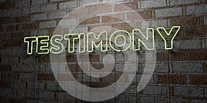 TESTIMONY - Glowing Neon Sign on stonework wall - 3D rendered royalty free stock illustration