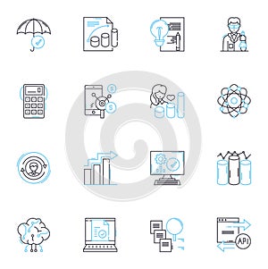 Testing and experimentation linear icons set. Analysis, Simulation, Verification, Prototype, Validation, Hypothesis