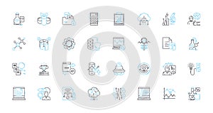 Testing and experimentation linear icons set. Analysis, Simulation, Verification, Prototype, Validation, Hypothesis