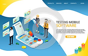Testing mobile software landing page website vector template