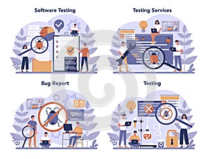 Testing software concept set. Application or website code test process.