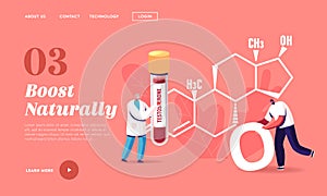 Testosterone Blood Test, Men Health Treatment Landing Page Template. Tiny Patient Male Character at Huge Hormone Formula
