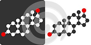 Testosterone male sex hormone molecule, flat icon style. Atoms shown as color-coded circles (oxygen - red, carbon - white/grey,