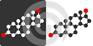 Testosterone male sex hormone molecule, flat icon style. Atoms shown as color-coded circles (oxygen - red, carbon - white/grey, photo