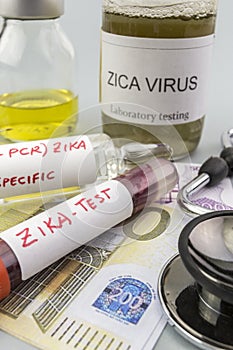 Tests for Research of ZIKA test and vials on tickets of euro