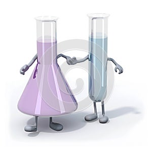 testtubes with colored liquid inside with arms and legs that walk