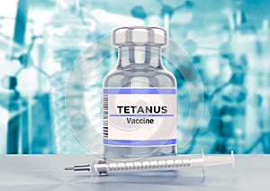 Tetanus vaccine ampoule and syringe on a stainless steel laboratory table