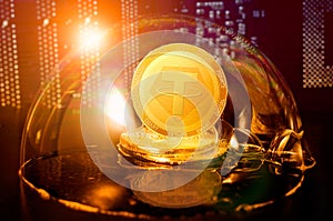 Tether bubble. Tether USDT coin in a soap bubble