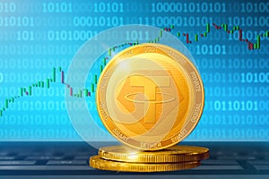 Tether cryptocurrency; Tether USDT golden coin on the background of the chart