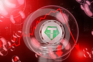 Tether USDT coin in a soap bubble