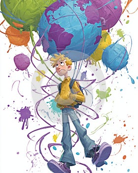 Tethered Dreams A character appearing weighed down by an oversized globe with strings attached to their limbs photo