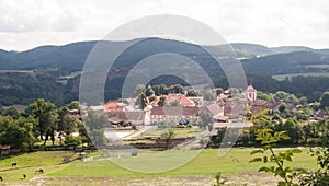 Tetin village with hills on the background in Cesky kras