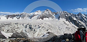 Tetnuldi mountain, rocky peaks with snow in Svanetia Caucasian mountains in Georgia