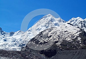 Tetnuldi mountain, rocky peaks with snow in Svanetia Caucasian mountains in Georgia