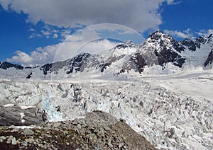 Tetnuldi mountain, rocky peaks with snow in Svanetia Caucasian mountains in Georgia