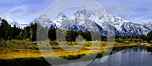 Teton Mountains Grand Teton with River and Fall Autumn Trees