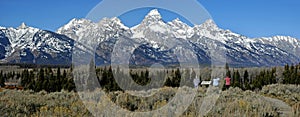 Teton Mountains with tourists looking