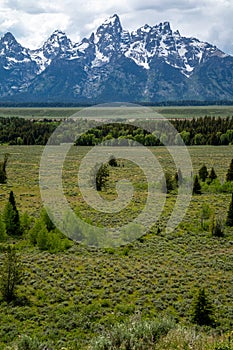 Teton Point Turnout view at Grand Teton National Park, of the beautiful, rugged mountains in Wyoming