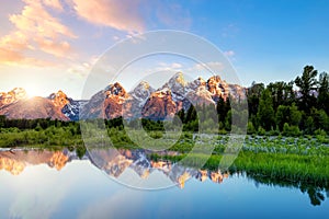 The Teton range at Schwabacher`s Landing in Grand Teton National Park, WY