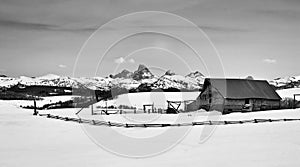 Tetons and barn winter snow