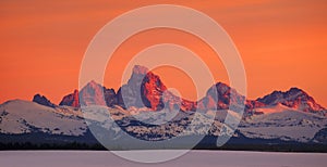 Tetons Mountains Sunset in Winter Overlooking Valley