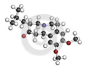 Tetrabenazine hyperkinetic disorder drug molecule. 3D rendering. Atoms are represented as spheres with conventional color coding: