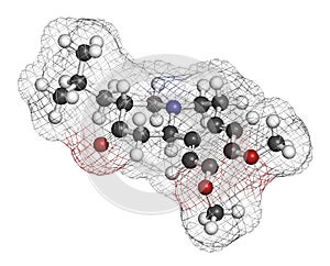 Tetrabenazine hyperkinetic disorder drug molecule. 3D rendering. Atoms are represented as spheres with conventional color coding: photo