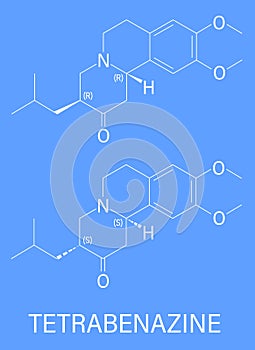 Tetrabenazine hyperkinetic disorder drug molecule. Skeletal formula.