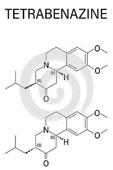 Tetrabenazine hyperkinetic disorder drug molecule. Skeletal formula. photo