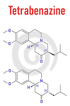 Tetrabenazine hyperkinetic disorder drug molecule. Skeletal formula. photo